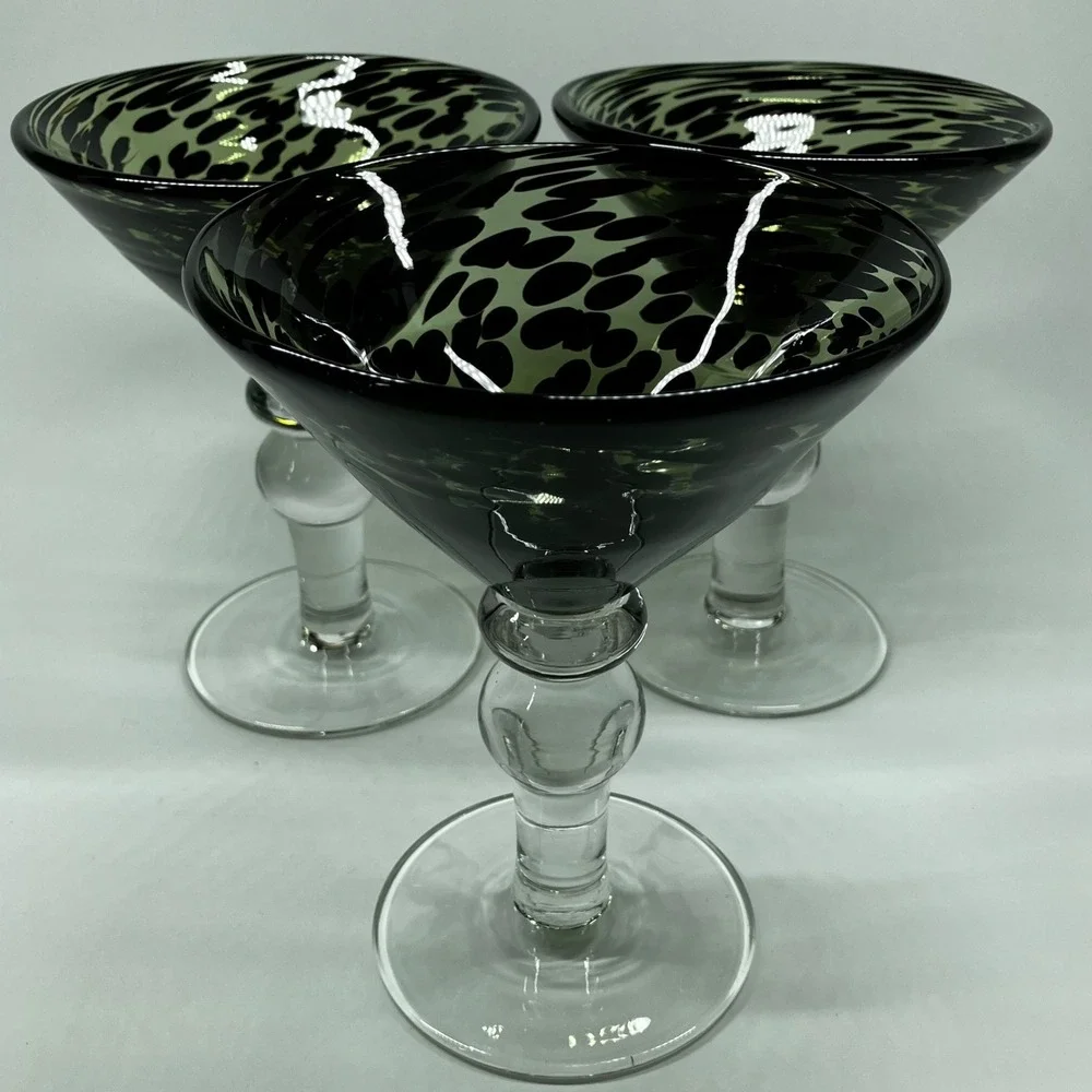 Pier 1 Hand Blown Martini Glasses Green Black Swirl Leopard Tortoise Set of 3